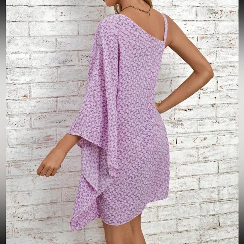 Boho chain strap one shoulder batwing sleeve mini dress - Picture 3 of 5